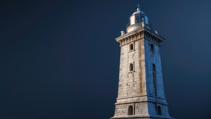 Fototapeta premium Rising lighthouse against blue sky with lantern room and cross-shaped weather vane, copy space