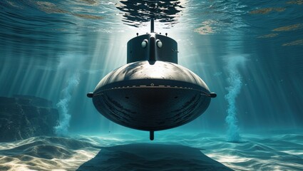 Gliding submarine hull and conning tower over underwater seafloor with periscope housing and rocks