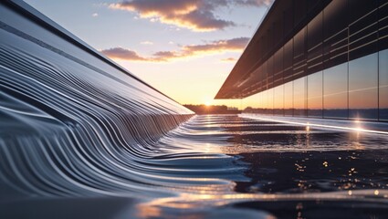 Flowing rooftop water feature cascading over terrace edge at sunset, with glass facade and clouds