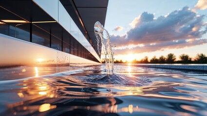 Rising curved fountain jet creating ripples across rooftop infinity pool, mirrored glass facade