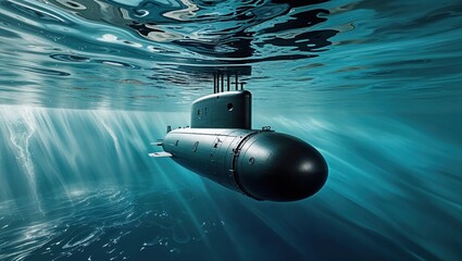 Gliding naval submarine navigating ocean, with conning tower, periscopes and control planes on hull