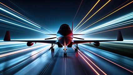 Sitting single-engine fighter aircraft on reflective runway at night, with neon light streaks