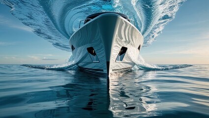 Speeding luxury yacht cutting across calm open ocean water, with mirrored bow spray symmetry