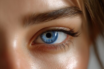 Fototapeta premium Close-up of a young woman's bright blue eye with detailed eyelashes and eyebrows, natural skin texture, and soft lighting highlighting the eye's color and clarity