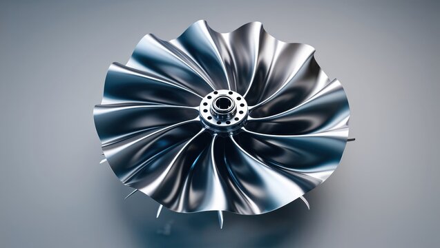 Displaying turbine fan showing curved blades and hub with mounting holes, on smooth grey surface