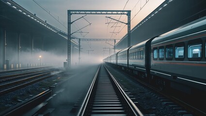 Waiting passenger train idling on platform at dawn, with fog, steel tracks and gantries, copy space