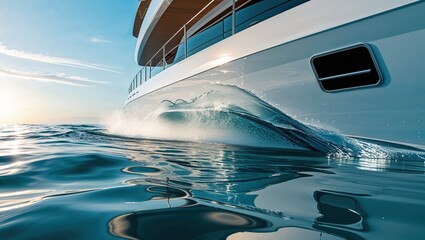 Yacht hull cutting through water at sea, creating splashing waves with railing and port window