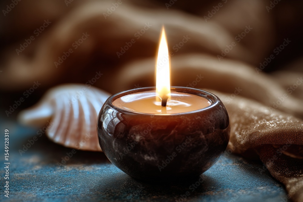 Poster tranquil indoor scene with glowing candle in black holder surrounded by seas and smooth stones on so