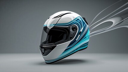 Floating full-face motorcycle helmet showcasing teal stripes in studio, with tinted visor