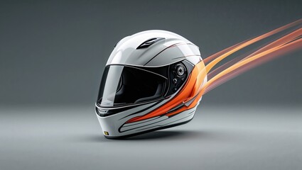 Showcasing white full-face motorcycle helmet featuring orange stripes in studio, with clear visor