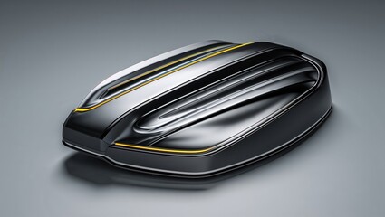 Displaying futuristic black container resting on tabletop, with aerodynamic ridges and yellow lines