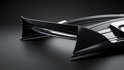 Showcasing black automotive rear spoiler resting in studio on dark shiny surface, with contours