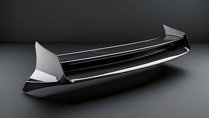 Displaying high-gloss black rear spoiler on gray reflective floor, showing endplates and wing tiers