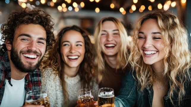 A cheerful group of four friends enjoys drinks together in a lively atmosphere, showcasing the joy of companionship and celebration amidst twinkling lights and joyful expressions.