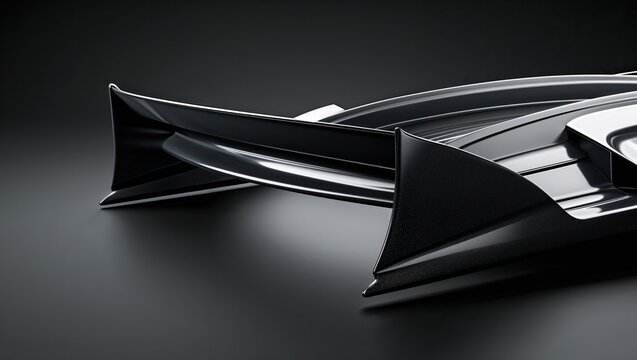 Showcasing black automotive rear spoiler resting in studio on dark shiny surface, with contours - Powered by Adobe