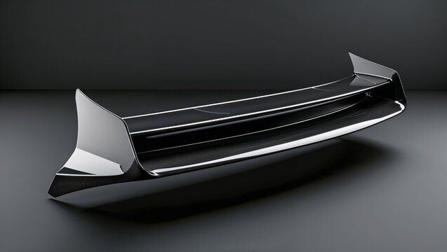 Displaying high-gloss black rear spoiler on gray reflective floor, showing endplates and wing tiers - Powered by Adobe