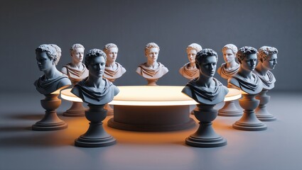 Displaying nine marble bust sculptures glowing on circular table in studio with amber underlighting