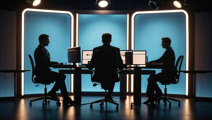 Working man in dark suit analyzing data on multiple monitors in tech office, with overhead lights