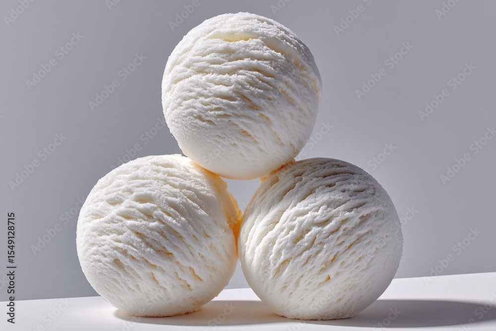 Aufkleber Close-up of three white scoops of ice cream arranged in a pyramid shape on a plain light gray background with soft shadows