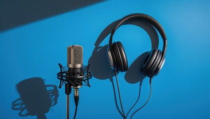 Showing shock-mounted condenser mic casting shadows on studio wall with headphones, stand, cables
