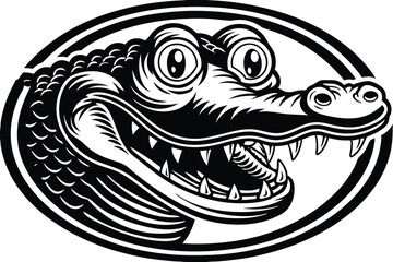Cartoon alligator head roars wildly with oversized eyes, showcasing black and white contrast boldly