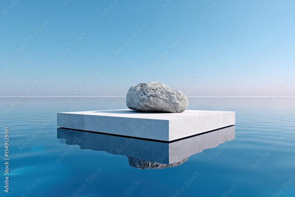 Poster minimalist modern art sculpture of a large rocky stone on a square concrete platform floating over c