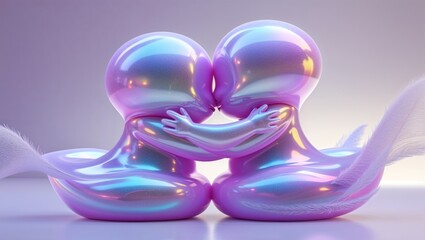 Sitting iridescent sculptures kissing on reflective tabletop in gallery, with tails and pastel hues