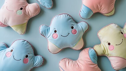 Pastel blue star-shaped plush pillow sitting on pale blue tabletop, with six plush stars smiling