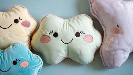 Mint-green cloud pillow resting on blue surface, with yellow star, sky-blue, blush-pink pillows
