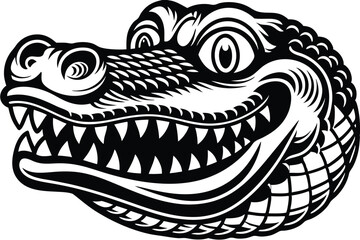 Black and white cartoon shows fearsome alligator head with sharp teeth in detailed format