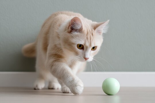 Adorable curious cream-colored cat with yellow eyes playing with a pastel green ball on wooden floor indoor setting