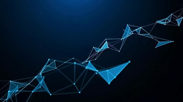 A futuristic abstract background features a network of blue lines and points connecting to form a geometric pattern