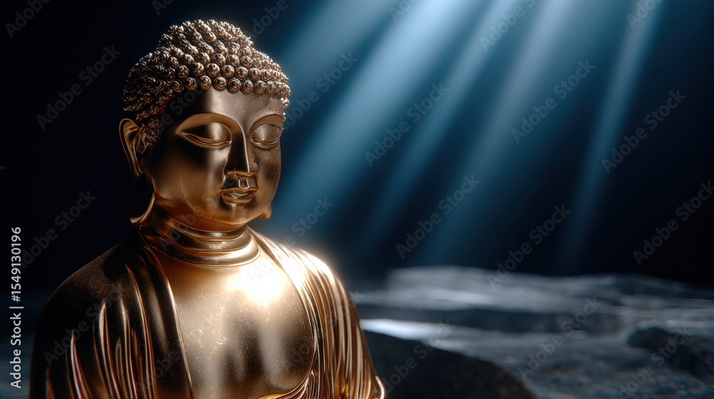 Aufkleber close-up of a glowing golden buddha statue with spotlights in a dark space creating peaceful and spi