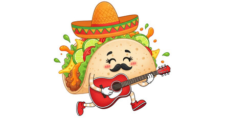 Isolated Taco Cartoon Character with Guitar