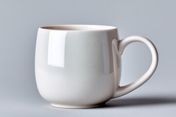 Fototapeta premium Plain white ceramic coffee mug with smooth glossy surface and comfortable handle isolated on light gray background