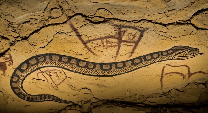 Ancient Cave Painting Depicting a Detailed Snake and Abstract Symbols - Powered by Adobe