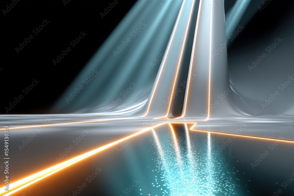 Poster Futuristic Metro Tunnel Scene with Glowing LED Tracks and Dynamic Light Beams Illuminating a Modern Transport Corridor