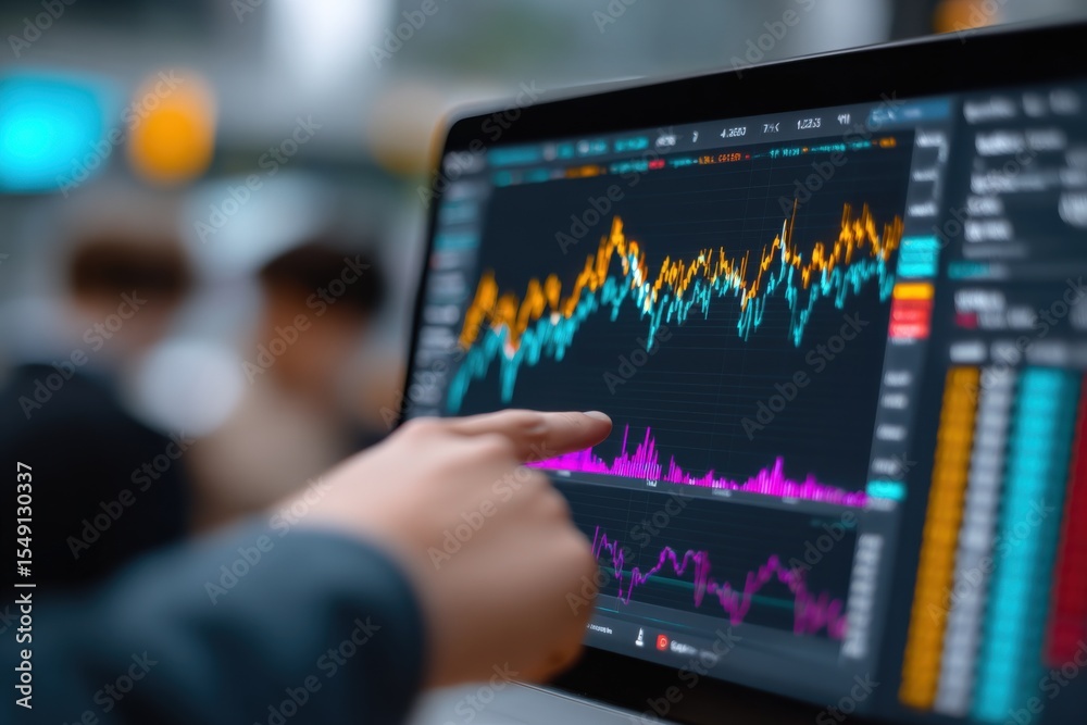 Aufkleber Close-up of a person analyzing financial stock market data on a digital screen with colorful graphs and charts in a professional trading environment