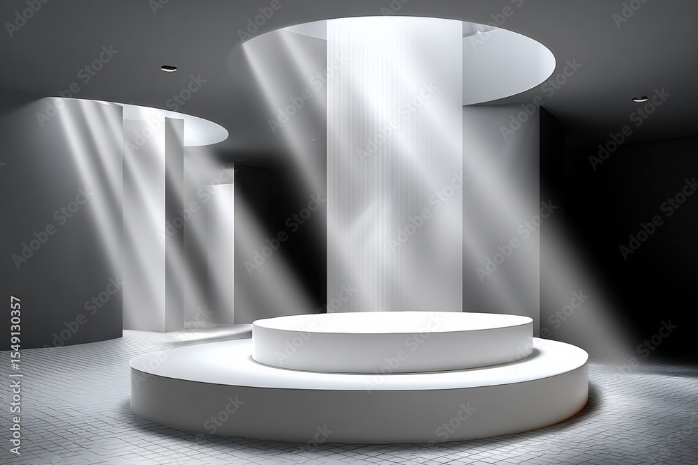 Aufkleber Minimalist Modern Circular Spotlight Stage with Soft Illuminated Platform and Dynamic Light Beams in a Contemporary Exhibition Space