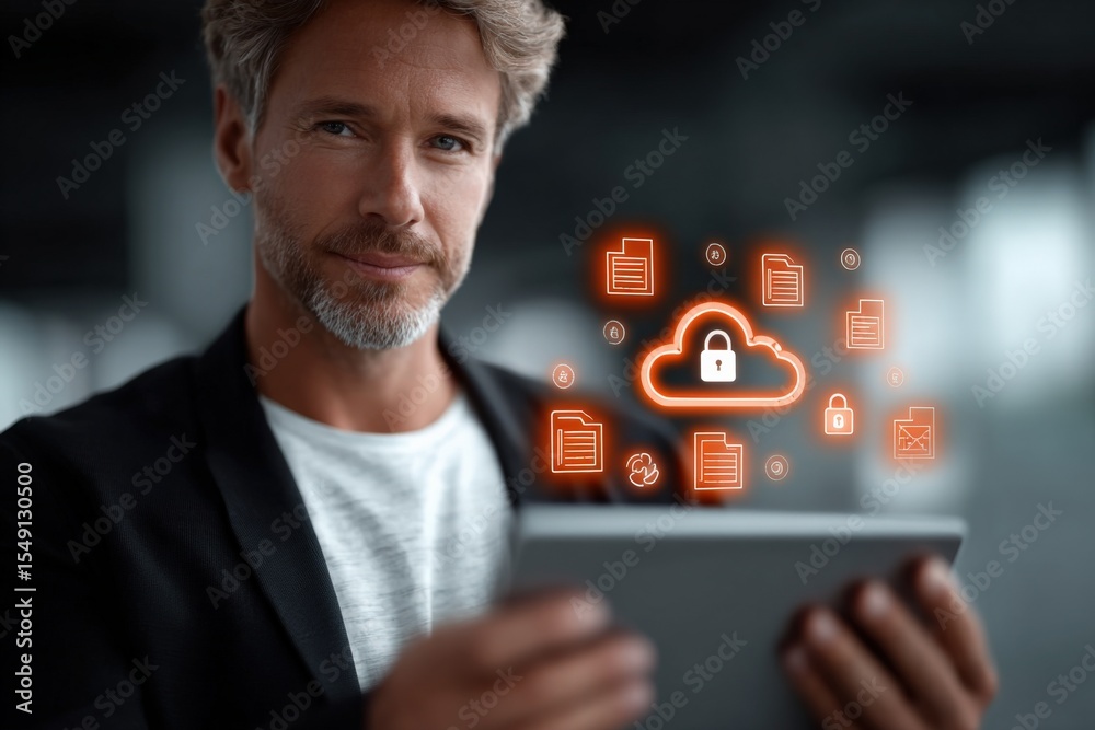 Aufkleber Professional middle-aged man using tablet with digital cloud security icons and data files for cybersecurity and online data protection