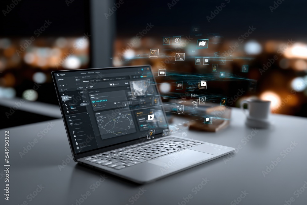 Fototapete modern laptop computer with digital interface and virtual application icons displaying technology an
