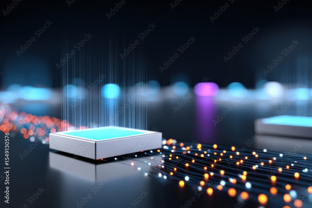 Poster close-up of a white electronic device on a glowing data network with colorful bokeh lights represent