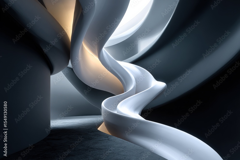 Poster abstract modern room interior with curved walls and elegant white spiral toasted curtain design in a