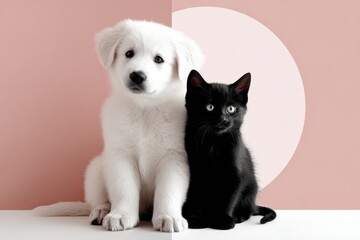 Obraz premium Adorable fluffy white puppy sitting next to a sleek black cat in front of a soft pink background with round white circle for a charming pet companionship theme