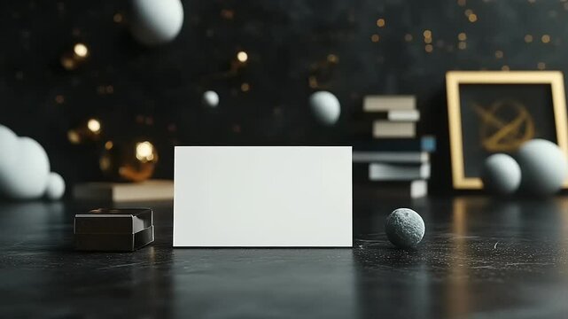 Blank business card mockup on dark surface with decorative objects
