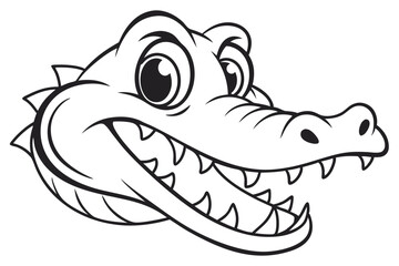 Cartoon alligator head shows many sharp teeth and big eyes in black lines