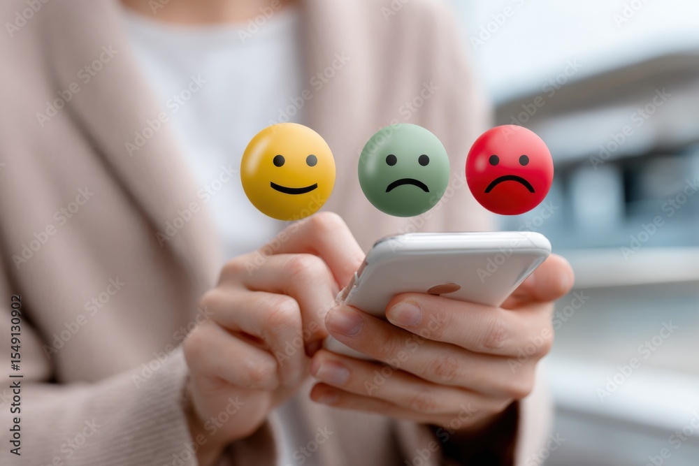 Poster Close-up of a person using a smartphone with three emoticons showing happiness sadness and anger on the screen in a modern indoor setting