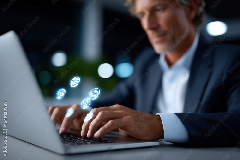Poster business professional working on a laptop in a modern office environment with digital icons floating