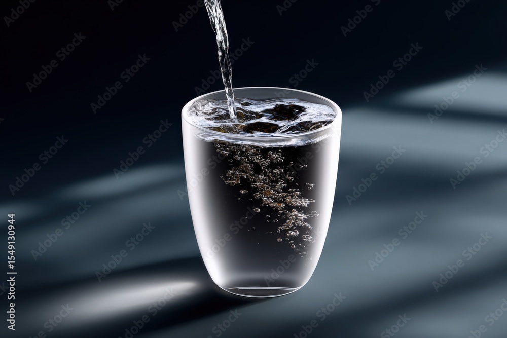 Poster Close-up of a transparent glass filled with bubbling clear water with a dark background and dynamic shadows for a refreshing beverage concept