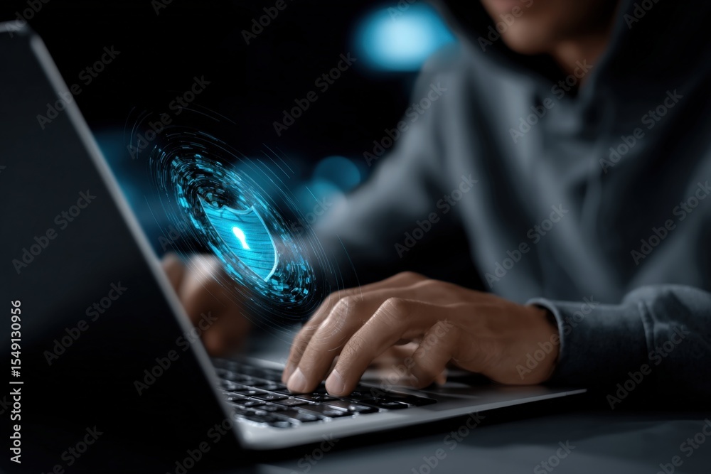 Leinwandbilder Advanced cybersecurity hacker working on computer with digital hologram of lock and cybersecurity icons in dark environment